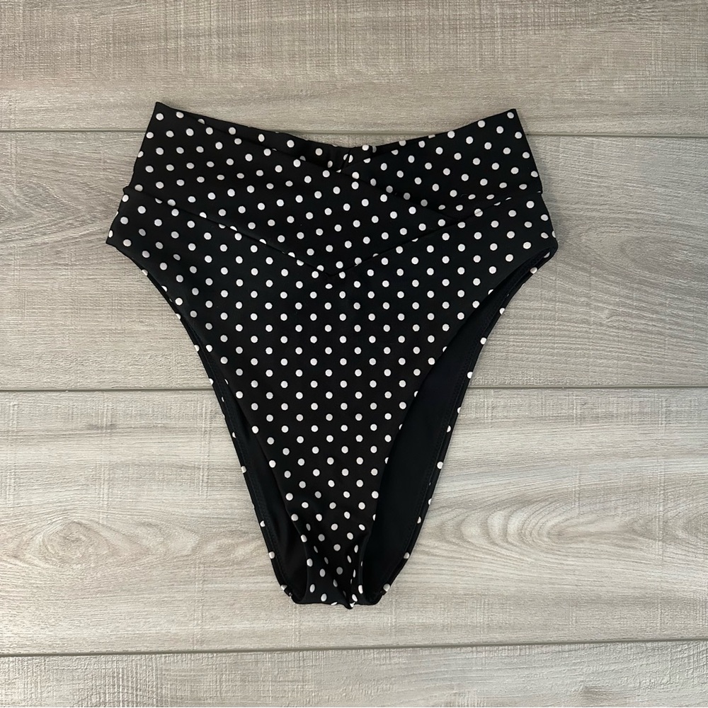 Aerie Crossover High Waisted Swim Bikini Bottom in Black White Polka Dot XS